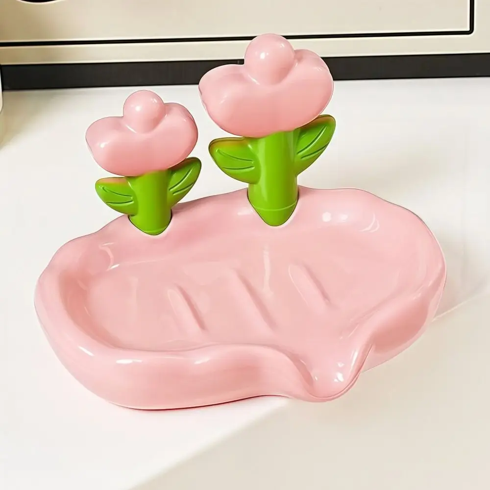 Tulip Design Drain Soap Dish Anti-slip No Drilling Required Soap Tray with Drainage Trough Solid Color Soap Storage Rack