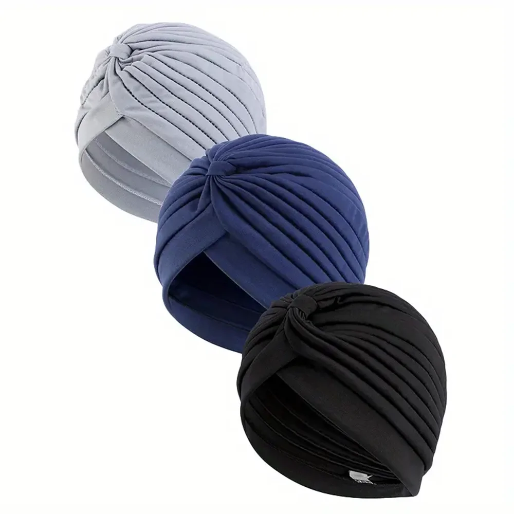 3pcs Solid Color Elastic Turban Cap, Casual Pleated Head Wrap Beanie Head Scarf Chemo Hats for Women
