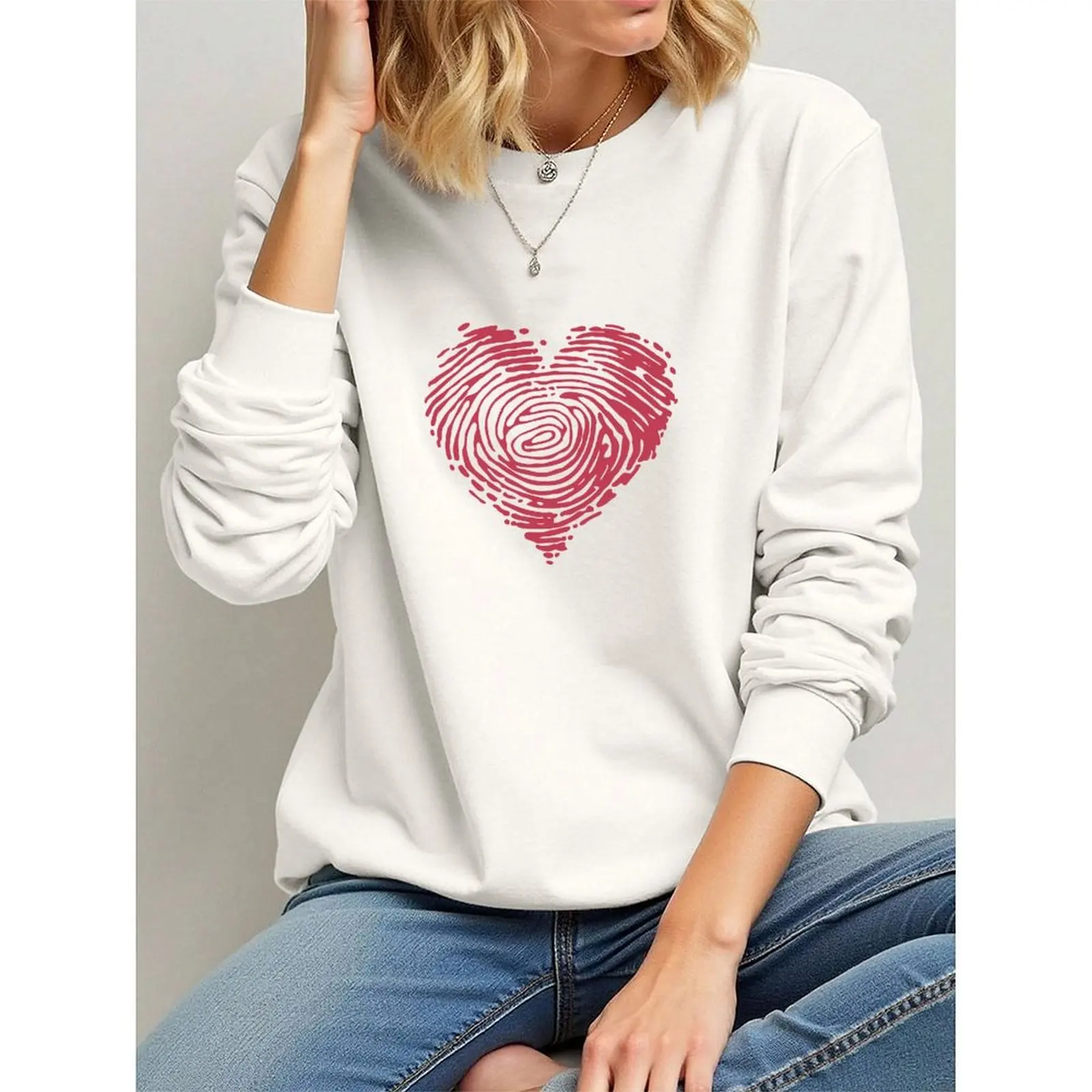 

Pullovers O-Neck Sweatshirts For Woman Long-sleeve Velvet Winter Casual Interesting Heart-shaped Fingerprint Printing Sweatshirt
