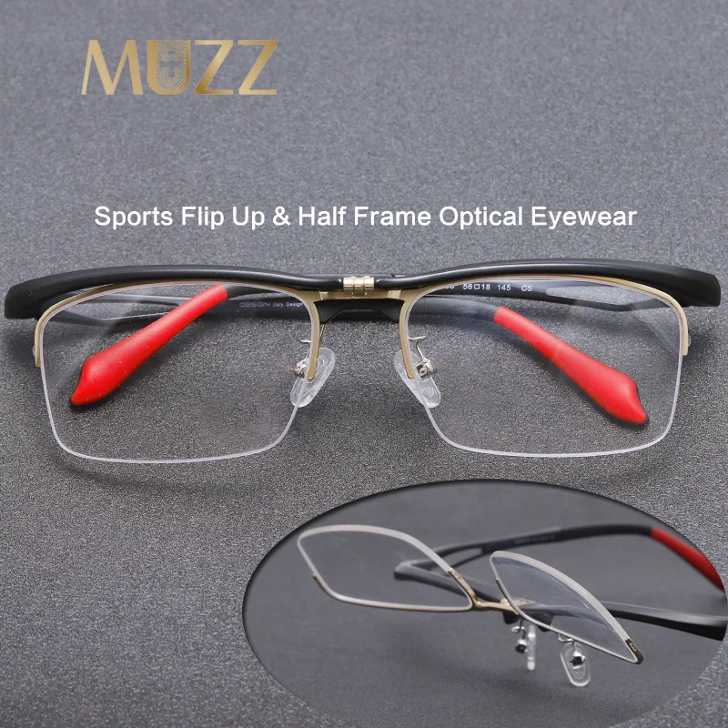 Alloy+TR Sports Men Glasses Half Frame Square Flip Up New Eyeglass Frames Myopia Hyperopia Prescription Eyeglasses Women Eyewear