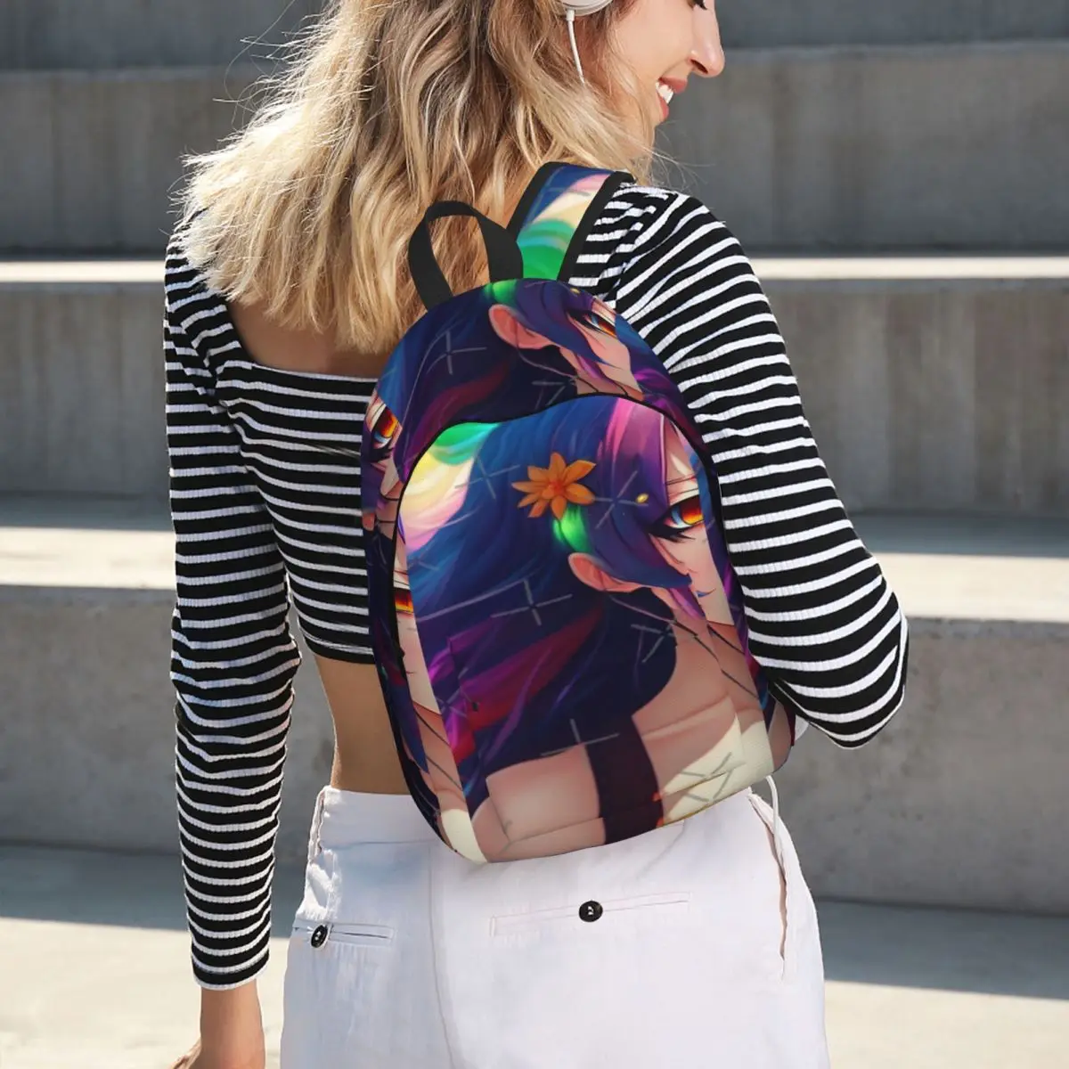 أنيمي فتاة مع الشعر متعدد الألوان AI الفن بسيطة وأنيقة على ظهره قماش حقيبة الظهر رجل على ظهره #6