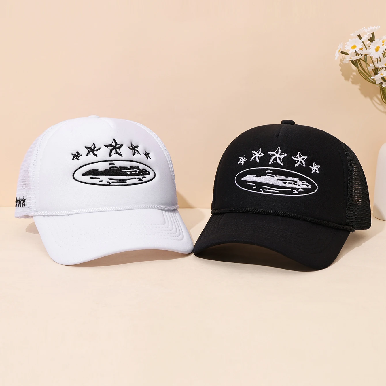 Gorra de béisbol de estrella de cinco puntas, gorra de béisbol de hilo de red de esponja para exteriores, gorra de conductor de camión de red transpirable de verano