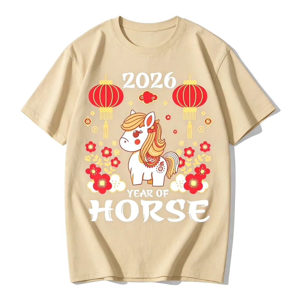 2026 Anno del Cavallo Maglietta Capodanno Lunare Camicia Capodanno Cinese T-Shirt Carino Zodiaco Cavallo Cartone Animato Stampato Tee Donne Magliette E Camicette