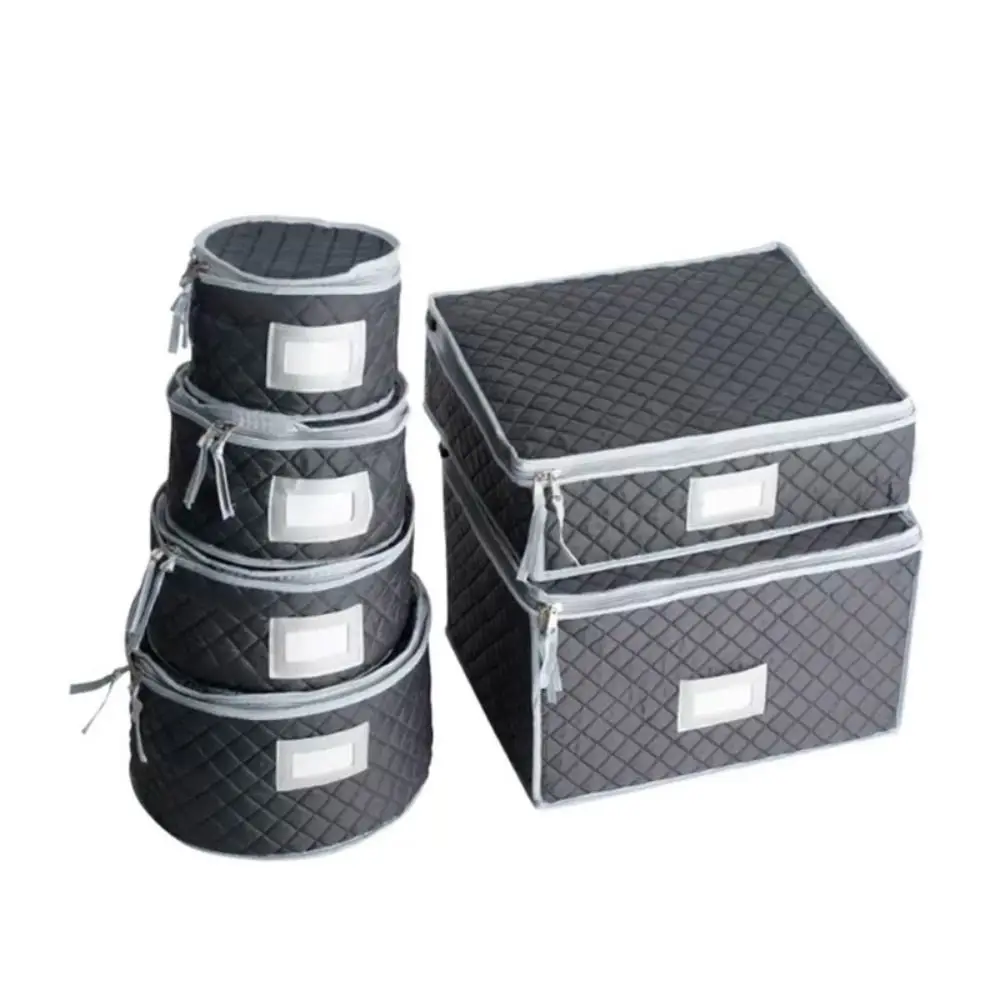 Round/Square Tableware Storage Bag Hard Shell Grey Cup Plate Bowl Storage Bag Protective Stackable Wine Glasses Storage Box