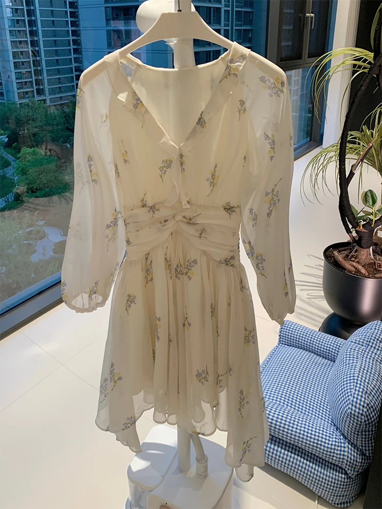 أوائل الخريف 2025 V-Ne Lantern Sve الأبيض الشيفون الأزهار طباعة الدكتور ألف خط ort تنورة عالية الخصر المطبوعة الجنية ألف خط D...