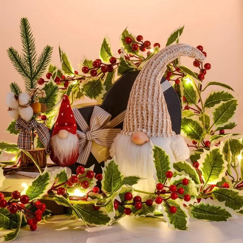 Artificial Holly Leaves Vine Garland with Light Strings Red Berries Wreath Hanging Ornament for DIY Xmas Tree Home Party Decors