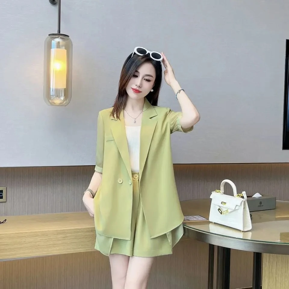 

Work Wear Women's Short Sets 2 Pieces Korean Style Baggy Pocket No Logo Vacation Outfits Woman 2025 Light Classic Female Shorts