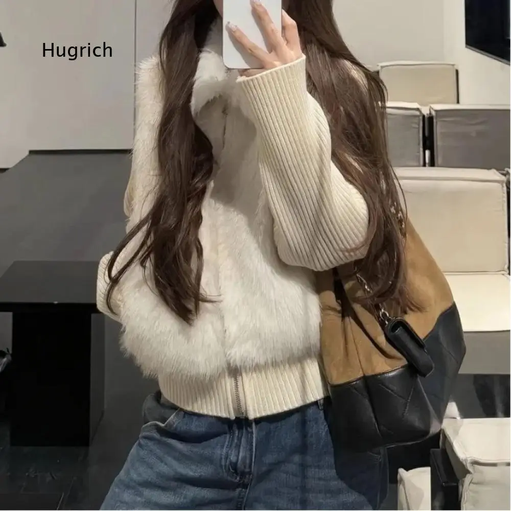 Ribbed Knit Hem Stand Collar Zipper Faux Fur Sleeveless Waistcoat Warm Vest For Women Autumn Winter Outdoor Daily Matches