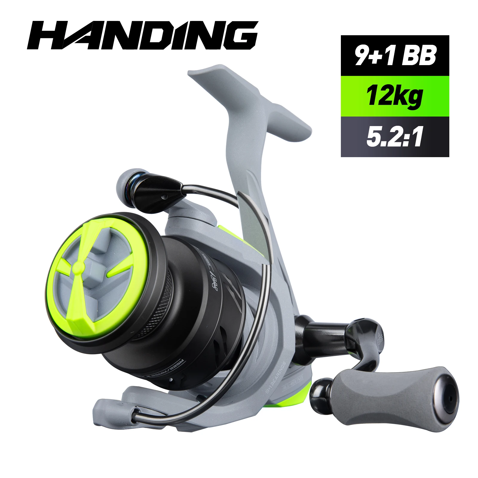 HANDING M1 Spinning Fishing Reel Graphite Reel, 9 + 1 Ball Bearings, 12kg Max Drag, 5.2:1 Gear Ratio, All Purpose Spinning Reel