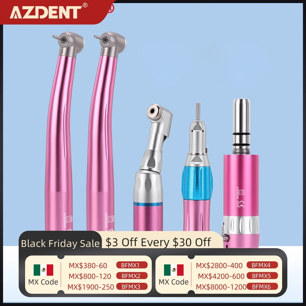 AZDENT Dental High & Low Speed Handpiece Kit Straight Contra Angle Single Water Spary Air Turbine 4 Hole 2 Hole Pink Color Lab