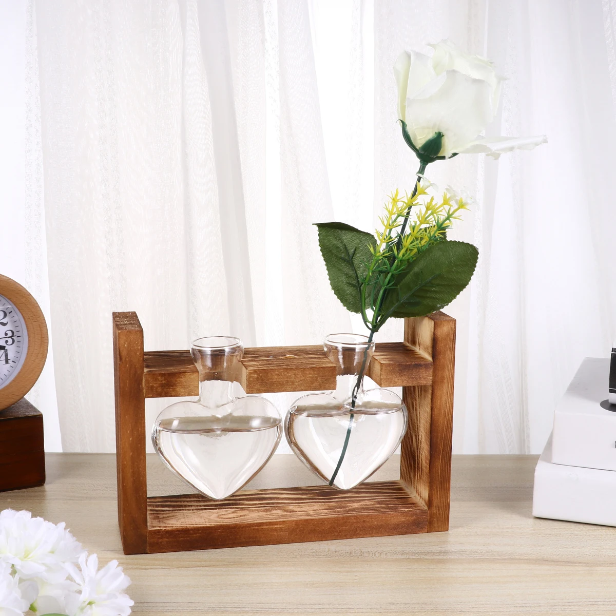 

2pcs Heart Vases Hydroponics Retro Style Flower Arrangement Wooden Stand Heat Resistant Terrarium Home