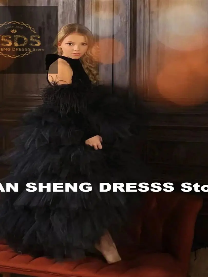 فستان زفاف مخصص أسود مخملي بدون أكمام من التول لفتاة الزهور لأداء البيانو الأنيق وحفلات أعياد الميلاد الأولى
