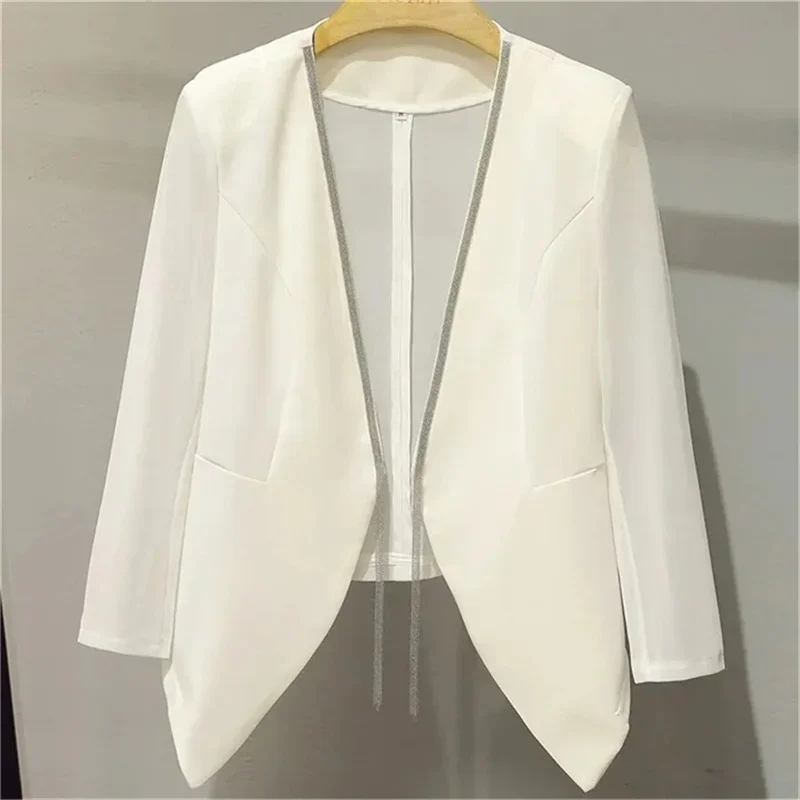 White Blazer 2024 Spring/Summer New Slim Fitting Mesh Shawl Three-Quarter Sleeve Thin For Women No Buckle Cardigan Outwear B889