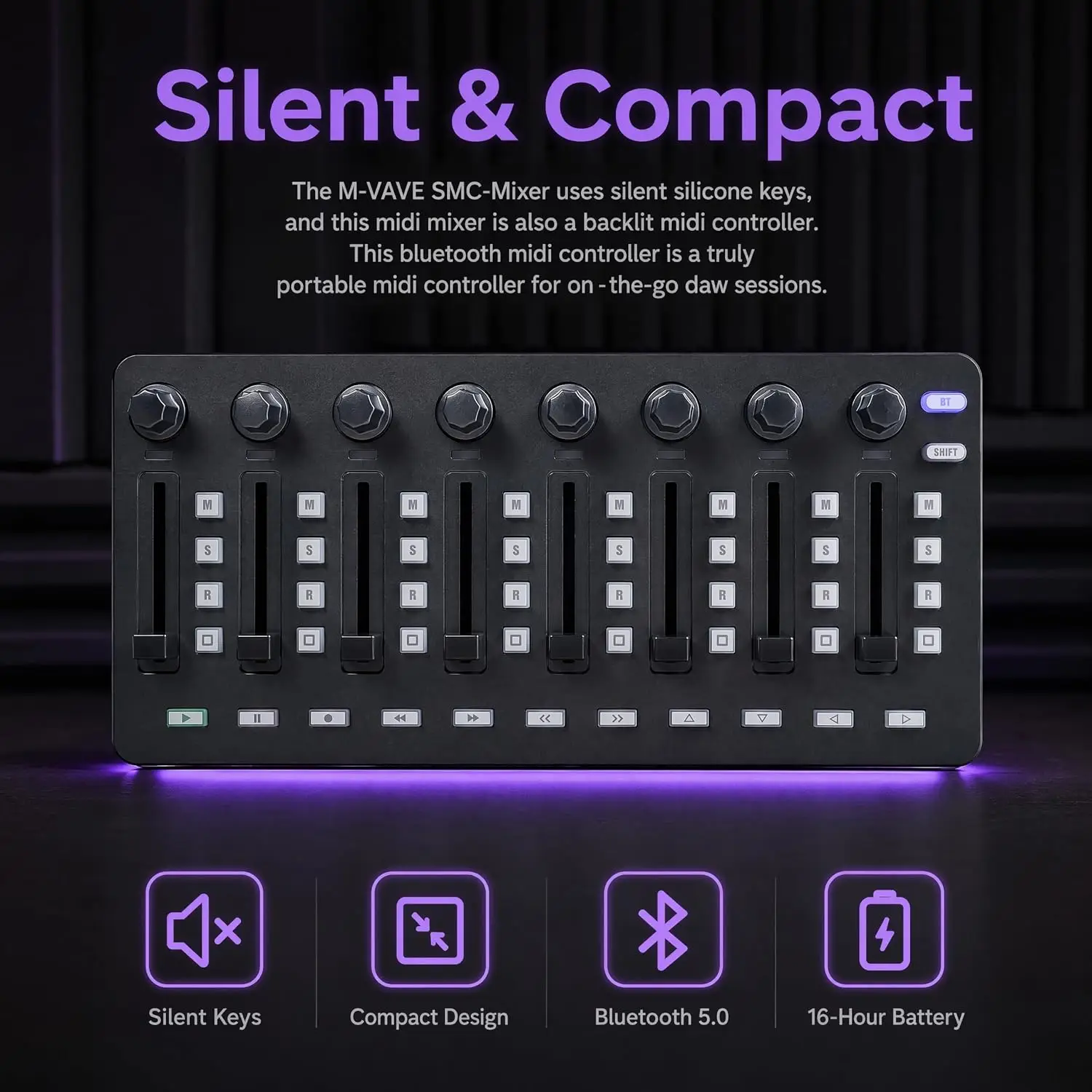 M-VAVE SMC-MIXER Portable Wireless MIDI Controller, 8 Faders 8 Knobs 43 Backlit Buttons, USB DAW Controller for Live Performance