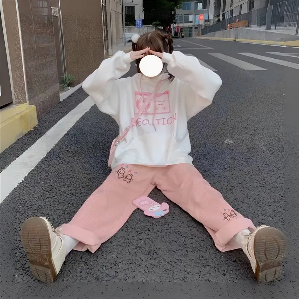 Pink Print Pants Spring Cute Cartoon Students Women Korean Chic Y2k Kawaii Japan Style Sweet Trousers High Waisted Fashion Pants