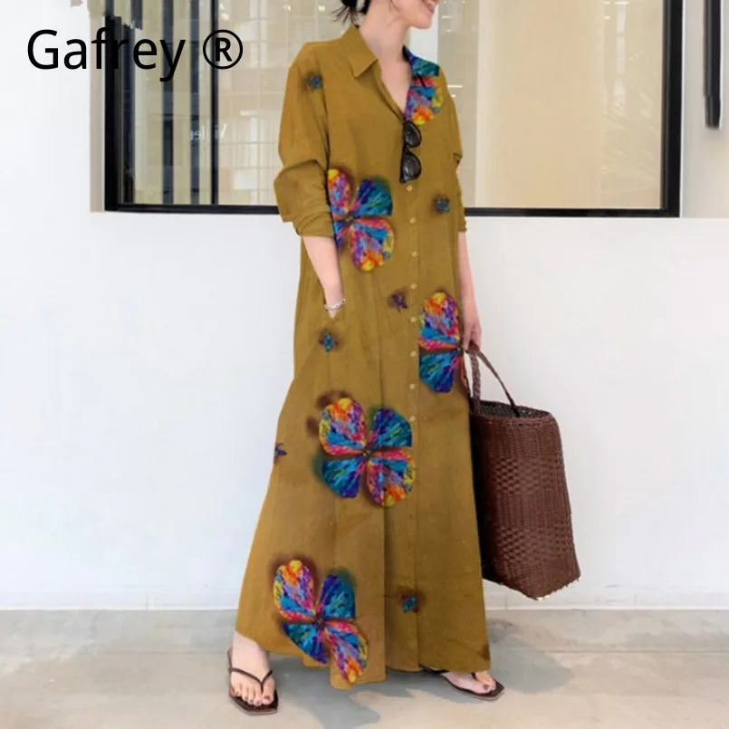 

Женское льняное хлопковое платье-рубашка больших размеров (5XL, XXL) с принтом, отложным воротником, длинными рукавами, карманами, простого свободного кроя, в повседневном стиле