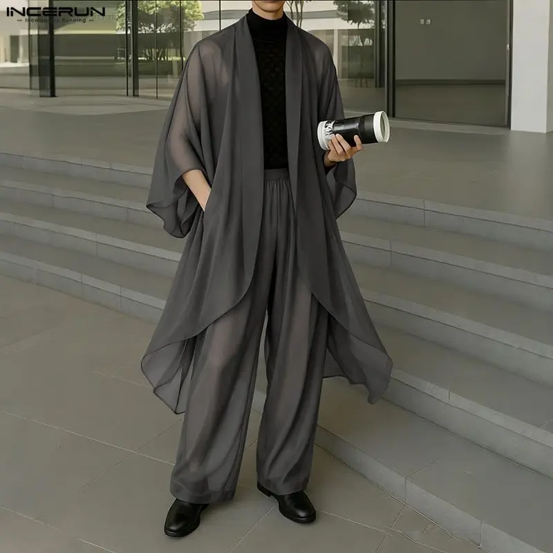 

INCERUN Men Sets Chiffon Solid See Through Open Stitch Long Style Shirt & Pants 2PCS Streetwear Loose Fashion Men's Casual Suits