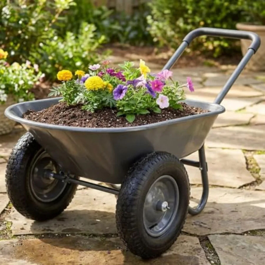 

Garden Wheelbarrow Cart: Heavy Duty Iron and Plastic Utility Cart with Dual Wheels and Built-in Stand Gray for Home Lawn and Ga