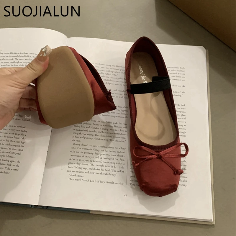 SUOJIALUN 2023 Autumn Women Flat Shoes Fashion Skin Ladies Elegant Shallow Round Toe Ballet Shoes Soft Casual Flat Dress Mary Ja