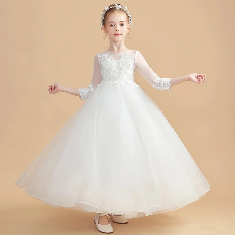 

Flower Girl Dresses White Tulle Flory Appliques 3/4 Sleeve For Wedding Birthday Party Holy Communion Gowns