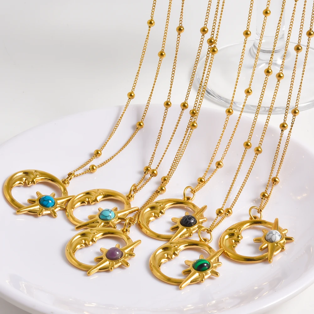 

Exquisite Stainless Steel Moon Star Colorful Stone Pendant Necklace For Women Girl Fashion Choker Necklace Round Bead Chain Gift