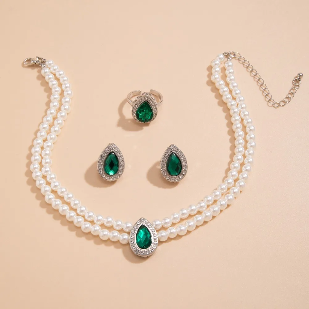 Green Crystal Pearl Pearl Necklace Earring Rings Set Double Layer Necklace Clavicle Choker Pearl Chain Beads Jewelry Accessories