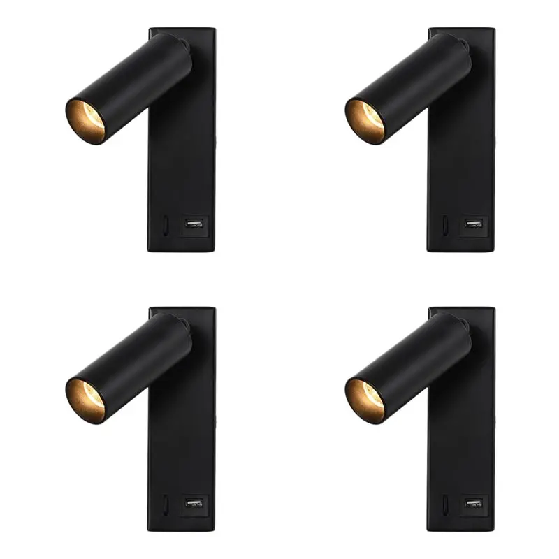 4X 3W LED Wall Lamp Embedded And Rotatable Reading Light USB Focus Light For Bedroom Bedside Study 3000K Black