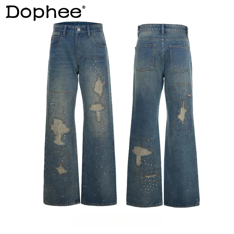 

Мужские джинсы с заклепками и прорезями, весна 2026, новая модная коллекция, трендовые ретро-брюки прямого кроя, уникальные стильные джинсы с декоративными карманами