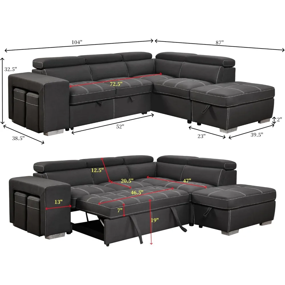 104'' Microfiber Sectional Sleeper Sofa with Pull-Out Bed, Chaise & Storage Ottoman. 5 Seater L-Shaped Couch,Living Room Sofas