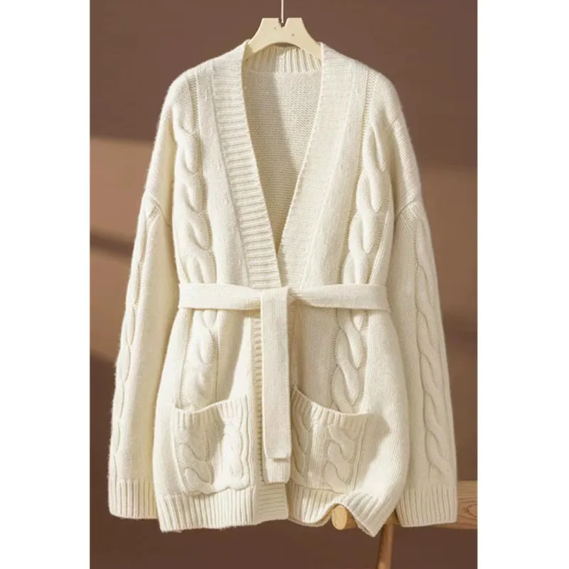 2024V Neck Autumn Winter Loose Thickened Cardigan Women's Mid length Fashion Fried Dough Twists Knit Sweater Coat Women