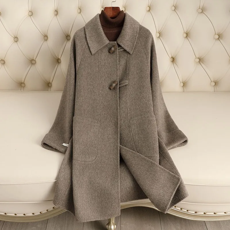 

Double Sided Cashmere Coat for Women Mid Long Style 2025 Autumn Winter New Style Loose and High-end Cow Horn Button Woolen Coat