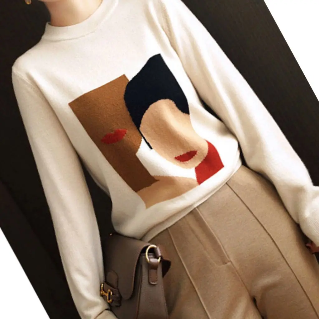 Half high necked sweater for women's autumn/winter 2023 new fashionable knitted base sweater with printed pullover top