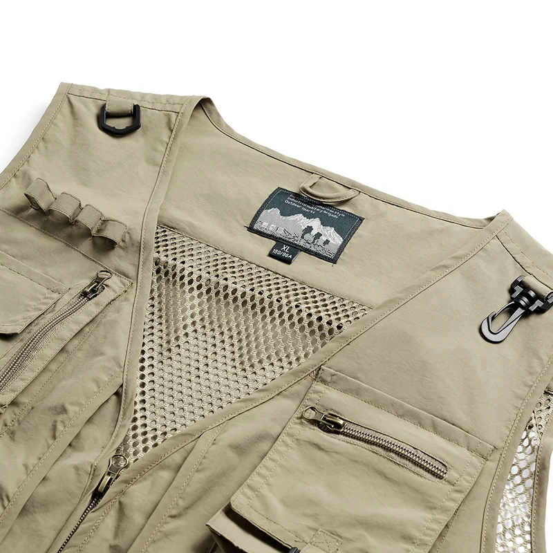 Neue, leichte Sommerweste aus atmungsaktivem Netzstoff, die schnell trocknet, für Herren, mit mehreren Taschen, als Angelweste oder Freizeitweste geeignet, mit ausgeschnittenen, übergroßen Schulterpartien. – Detail 7