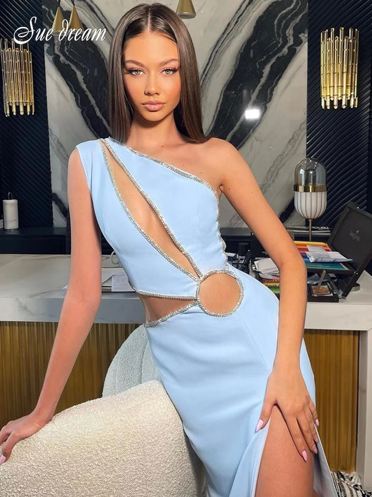 2022 New Summer Women's Sexy One Shoulder Diamond Hollow Out Bandage Dress Fashion Slit Designer Celebrity Runway Party Dresses