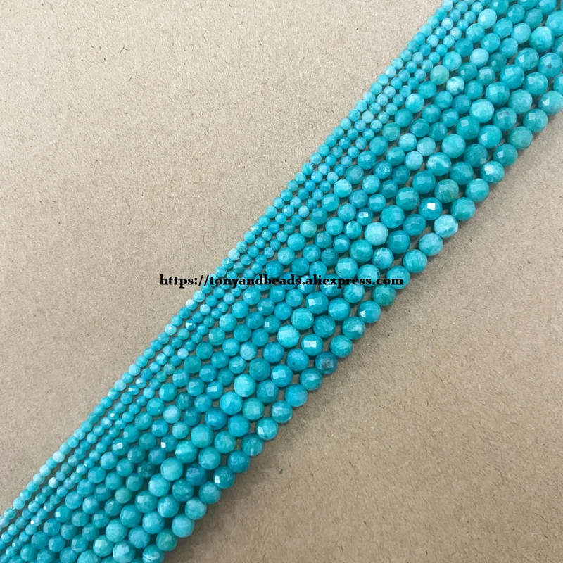 Semi-precious Stone 2 3 4MM Small Diamond Cuts Faceted AA Brazil Blue Green Amazonite Round Loose Beads 15\