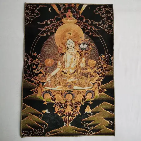 36" Tibet Tibetan Cloth Silk Buddhism White Tara Guanyin Tangka Thangka Mural Home Buddhist Hall Wall Decoration Painting