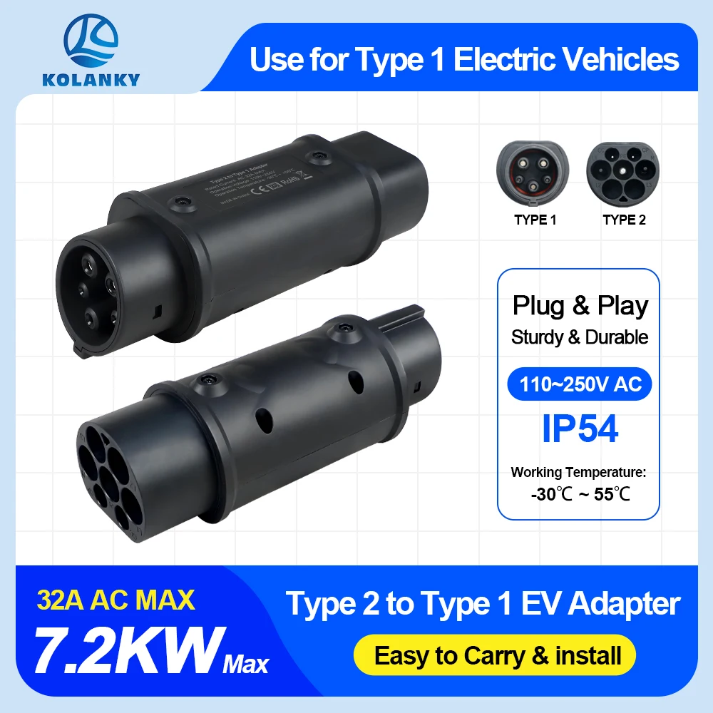 Kolanky 32A 7.2KW Type 2 To Type 1 EV Charging Adaptor Home Charger For Sae J1772 US Car Socket Charging