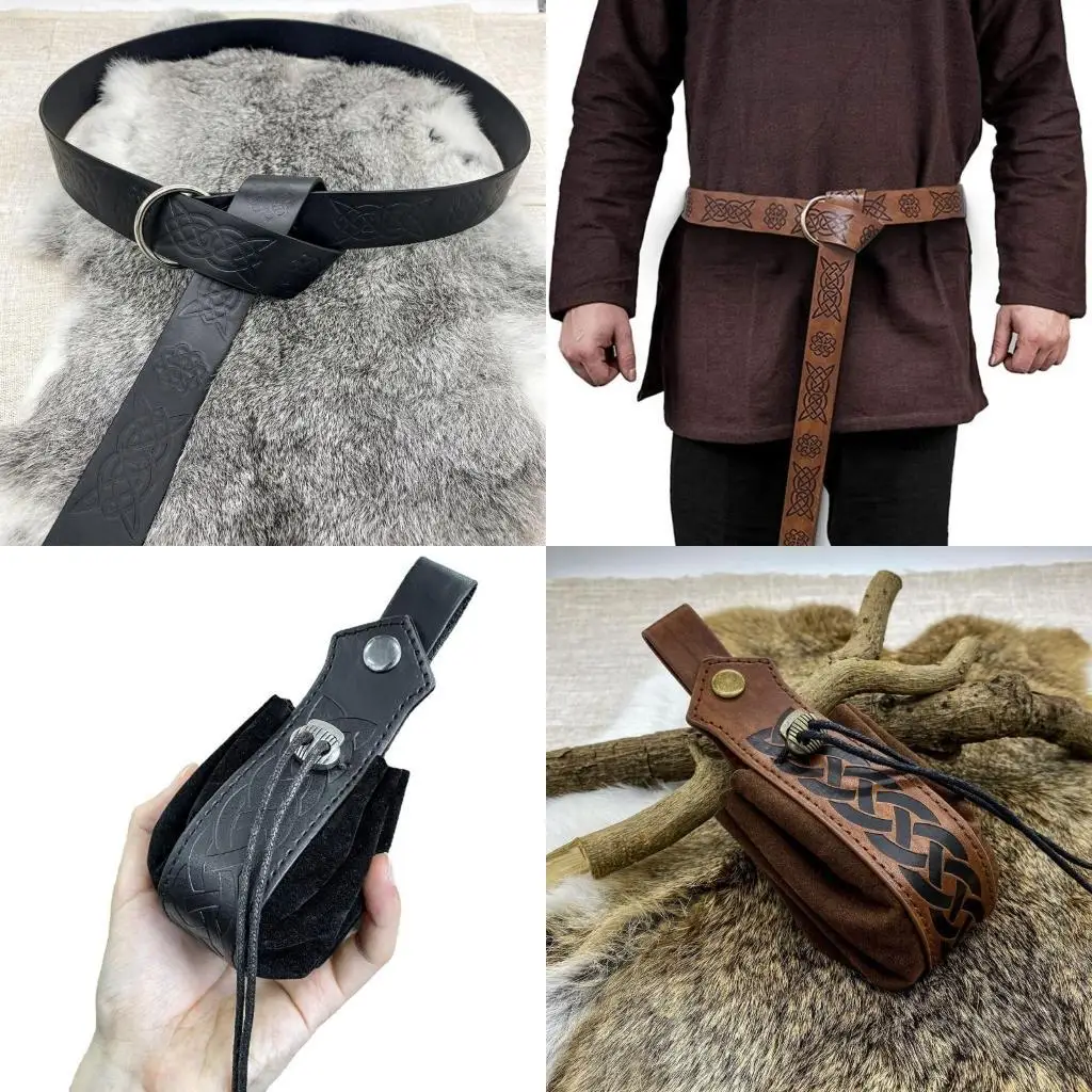 

39BD Medieval Keltic Embossed Waist Belt Vintage Knight Belt Bag Men Women Belt Drawstring Purse Unisex Costume Accessories