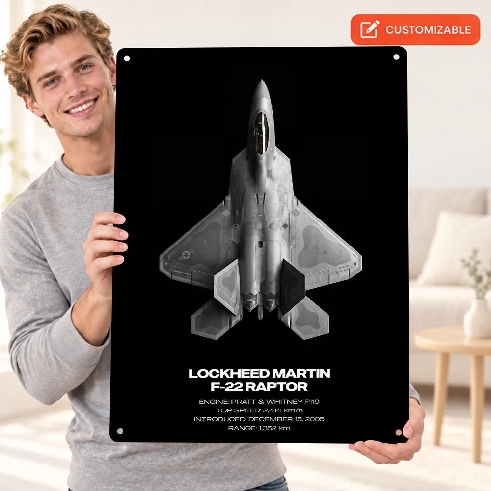 Lockheed Martin F-22 Raptor Aircraft Textured Metal Poster Customized Aluminum Sign Modern Wall Art For Study Decor Pilot Gift