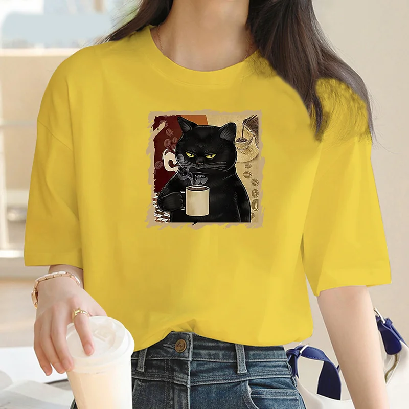 Maycar New Women t-shirt Cartoon Summer coffee Cat Print t-shirt Street Y2K t-shirt bianca a maniche corte donna casual top