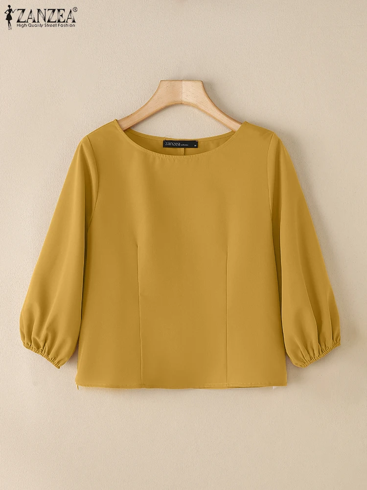 بلوزة عمل أنيقة بأكمام واسعة من ZANZEA قميص صيفي سادة برقبة دائرية قميص نسائي أنيق غير رسمي للعطلات قميص نسائي 2025