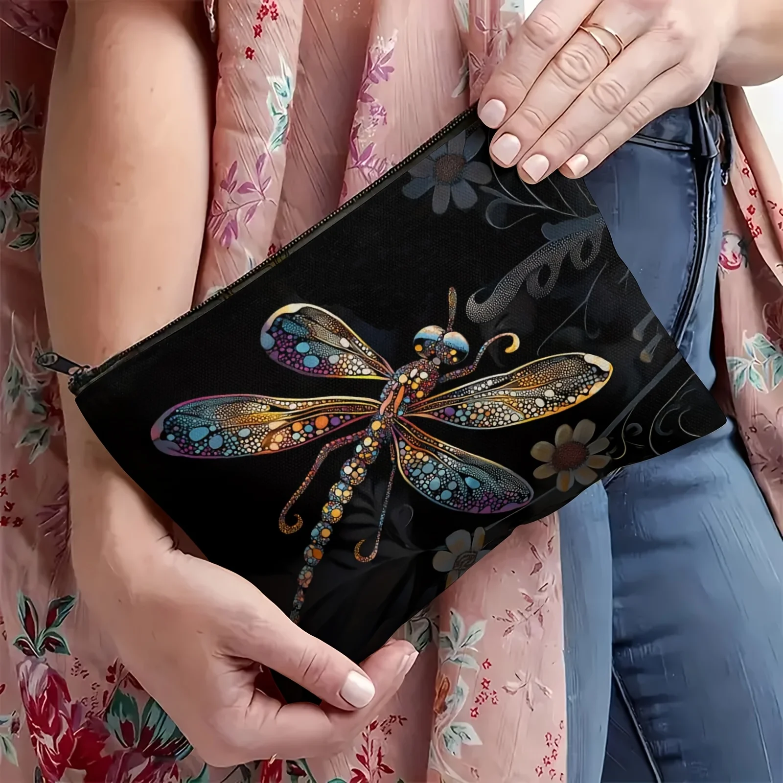 Vibrant Dragonfly Cosmetic Bag – Lightweight Polyester Toiletry Organizer with Zipper, Colorful Floral & Dragonfly Design