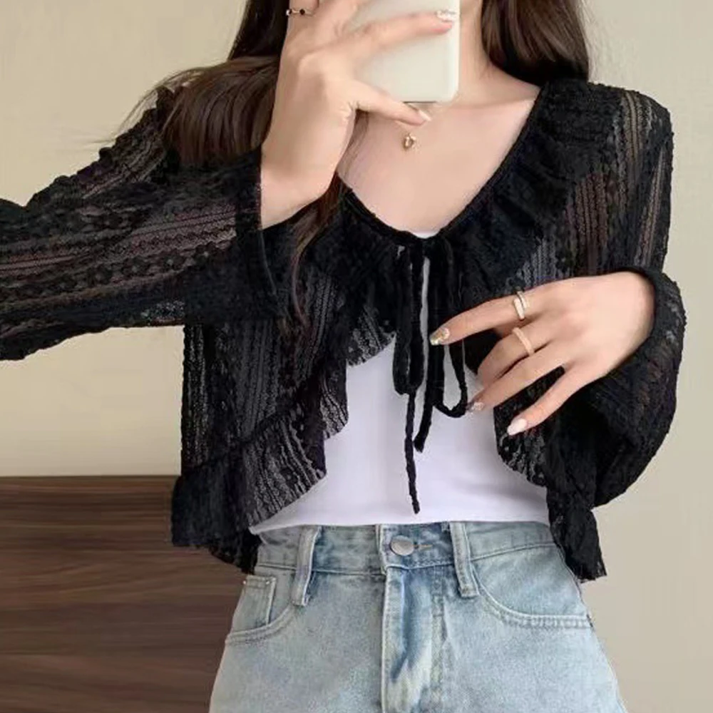 Women Summer Sun Protection Coat Female Blouse Tops Lace Bow Ruffle Cardigan Shirt For Woman Covers Blusa White Y2K Korean Shirt