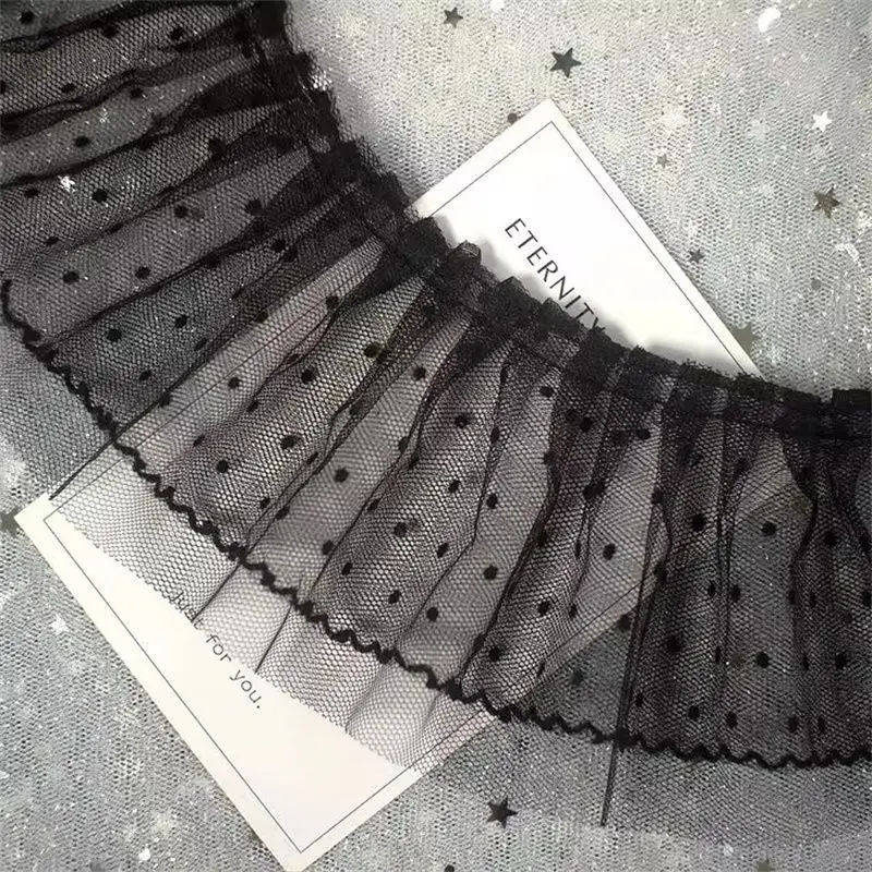 10CM wide black and white double pleated polka dot mesh lace dress skirt pet lolita DIY decoration view 3