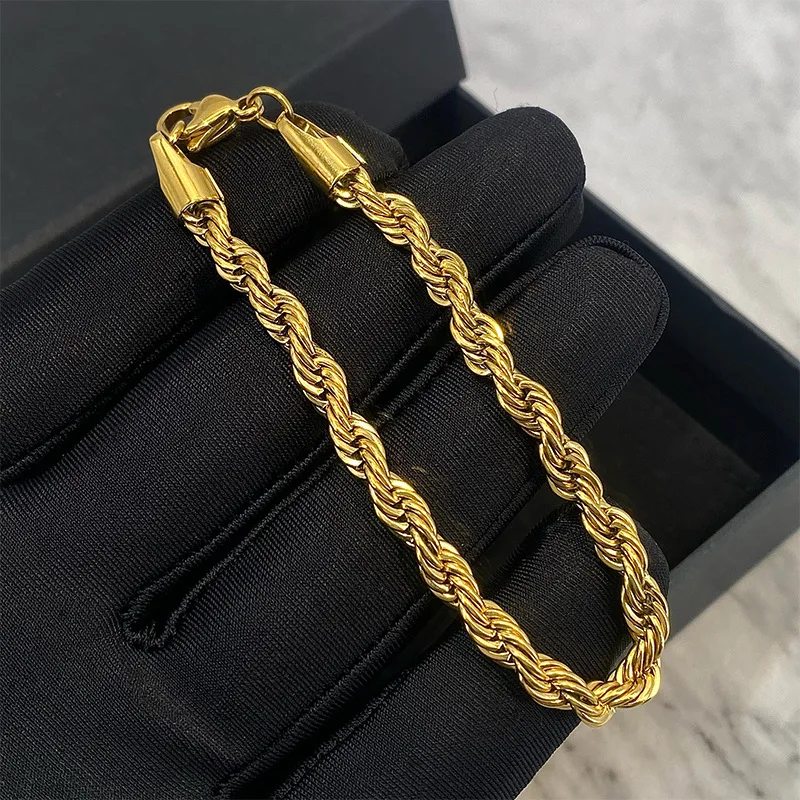 5mm Stainless Steel Twisted Rope Chain Bracelets for Women Men Fashion Punk Bangle Length Adjustable