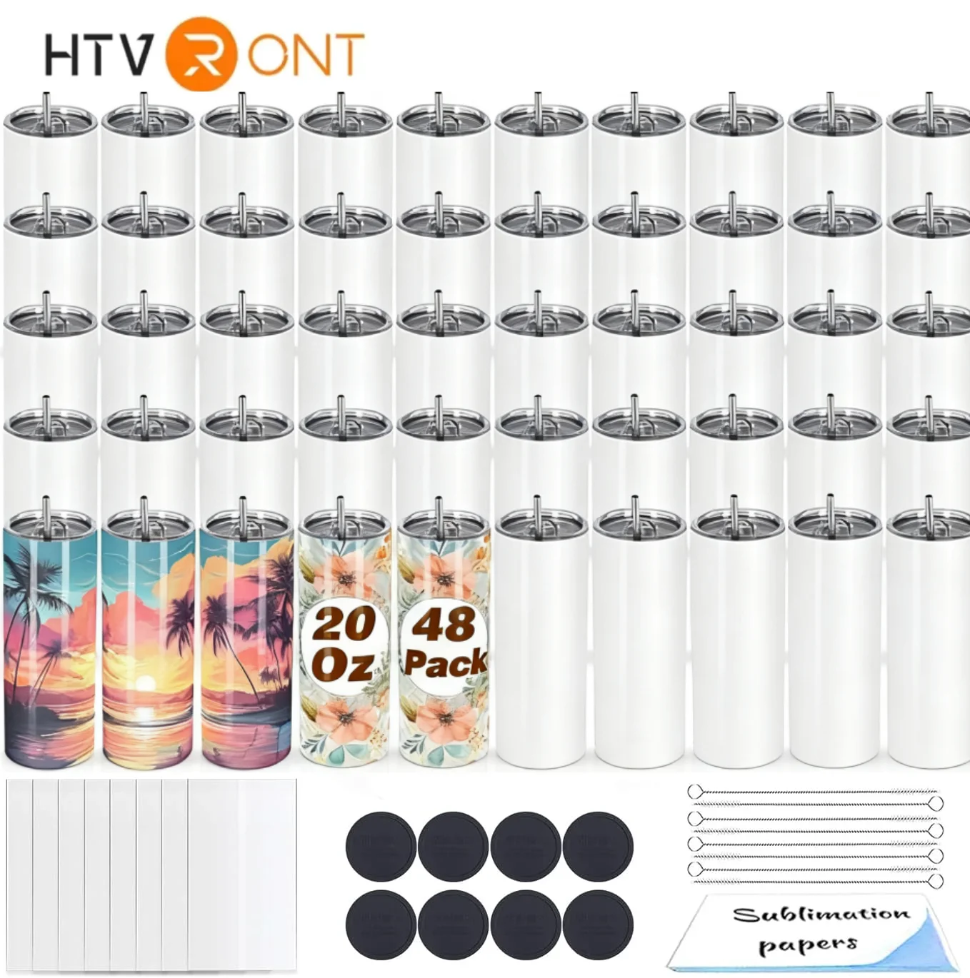 HTVRONT 48 Pack Sublimation Tumblers 20 Oz Skinny Bulk Stainless Steel Double Wall Insulated Straight Sublimation Tumbler Cups