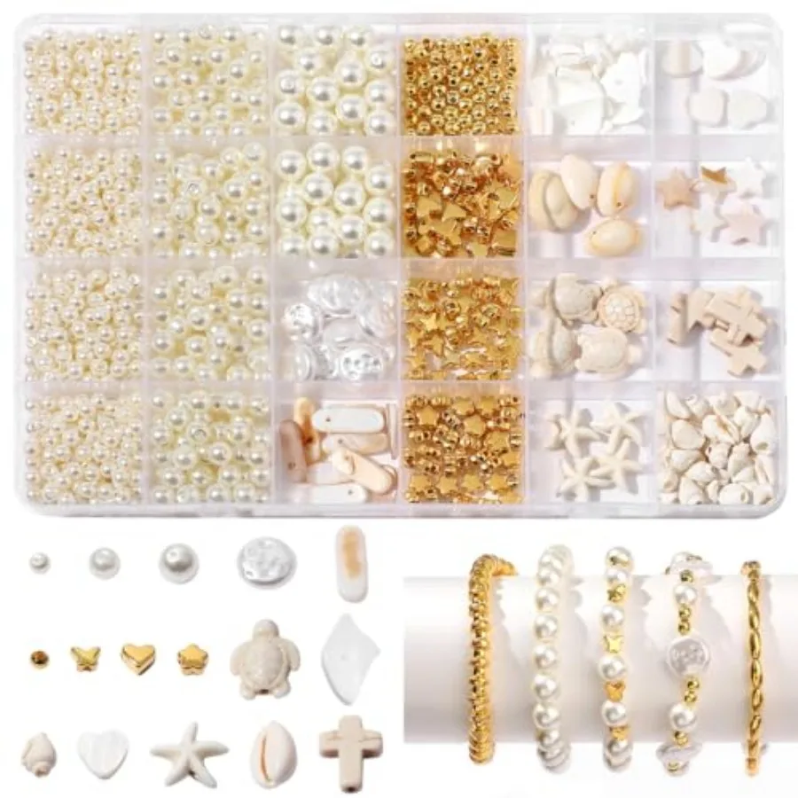 

1000Pcs Pearl Beads for Bracelets Making -4mm 6mm White Pearl Beads with Gold Spacer Bead and Shell Jewelry for Bracelet Neckla