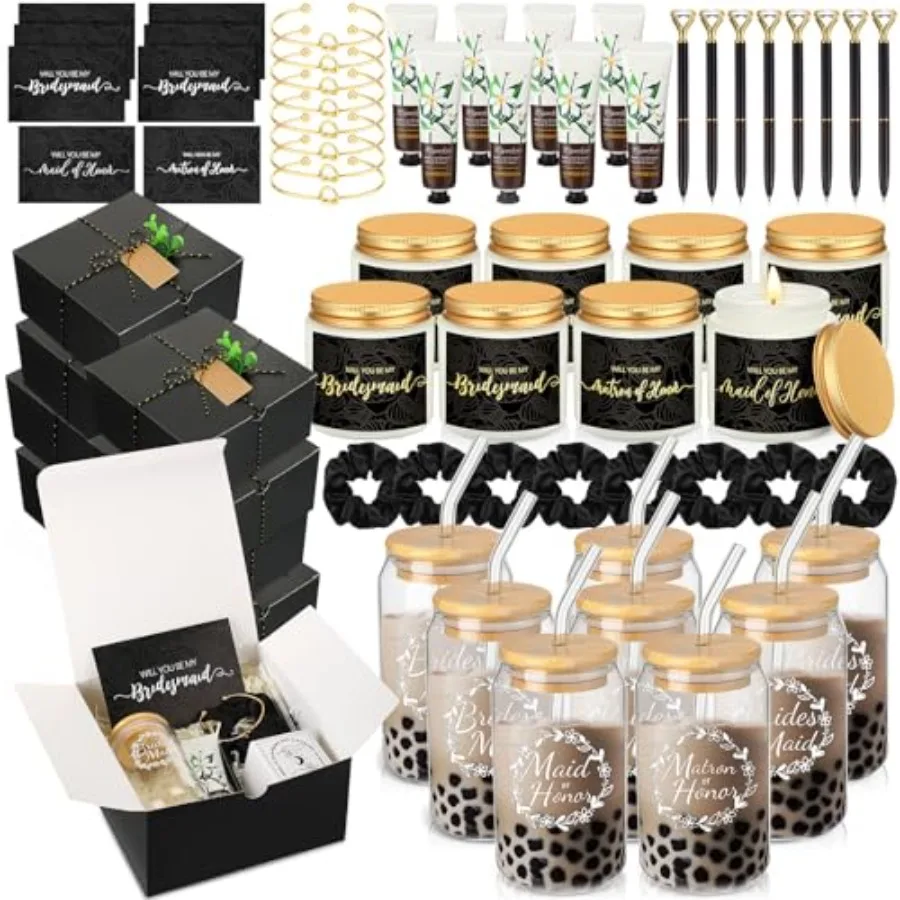 

80 Pcs Bridesmaid Proposal Gifts Bridesmaid Gift Box Set Maid of Honor Box Include Glass Cup Candle Scrunchies Hair Knotted Bra