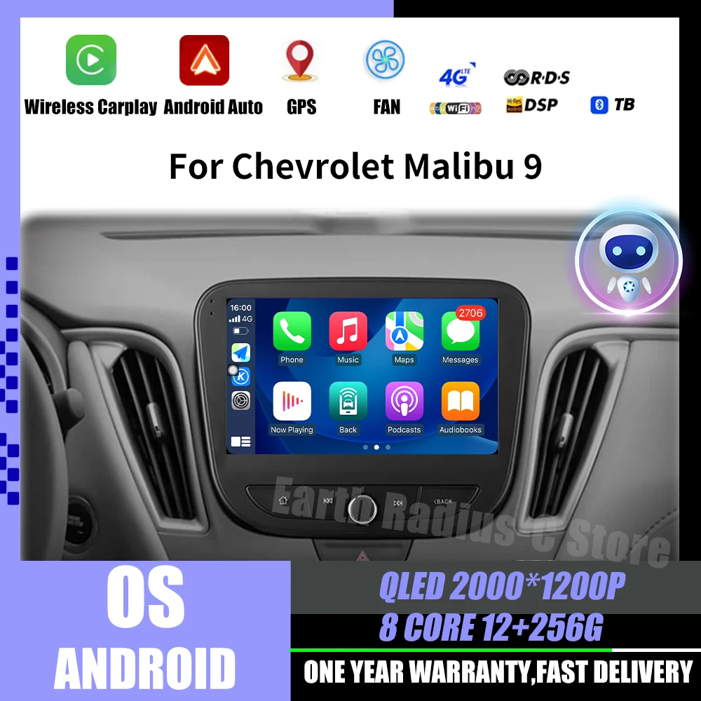 

9" Android OS Carplay Auto Car Radio For Chevrolet Malibu 9 2015 - 2022 Multimedia Video Player GPS Navigation DSP BT WIFI QLED