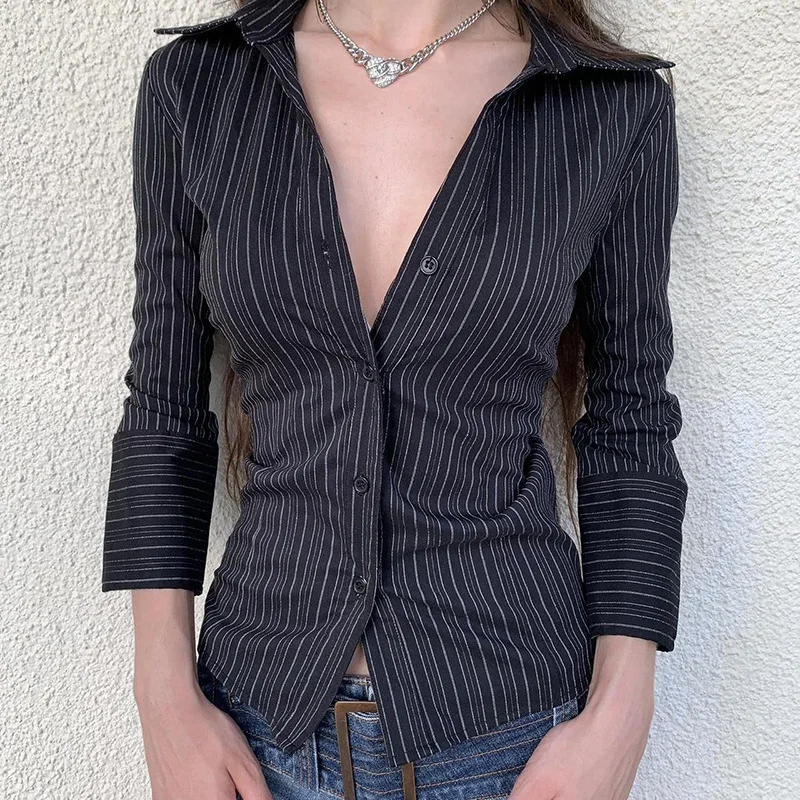 Autumn new style spicy girl retro breasted striped slim fit long sleeved cardigan shirt